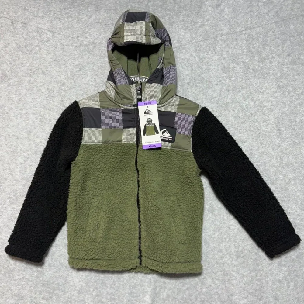 Quiksilver Jacket Youth Boy's XS 5/6 Hooded Sherpa Jacket Green Black